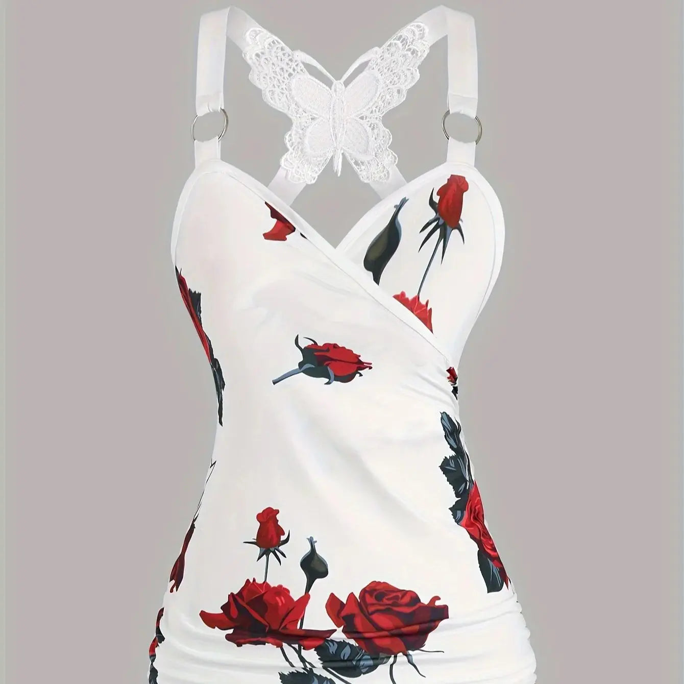 2024 spring and summer Europe and the United States new women's rose print pleated suspenders butterfly lace cross vest.