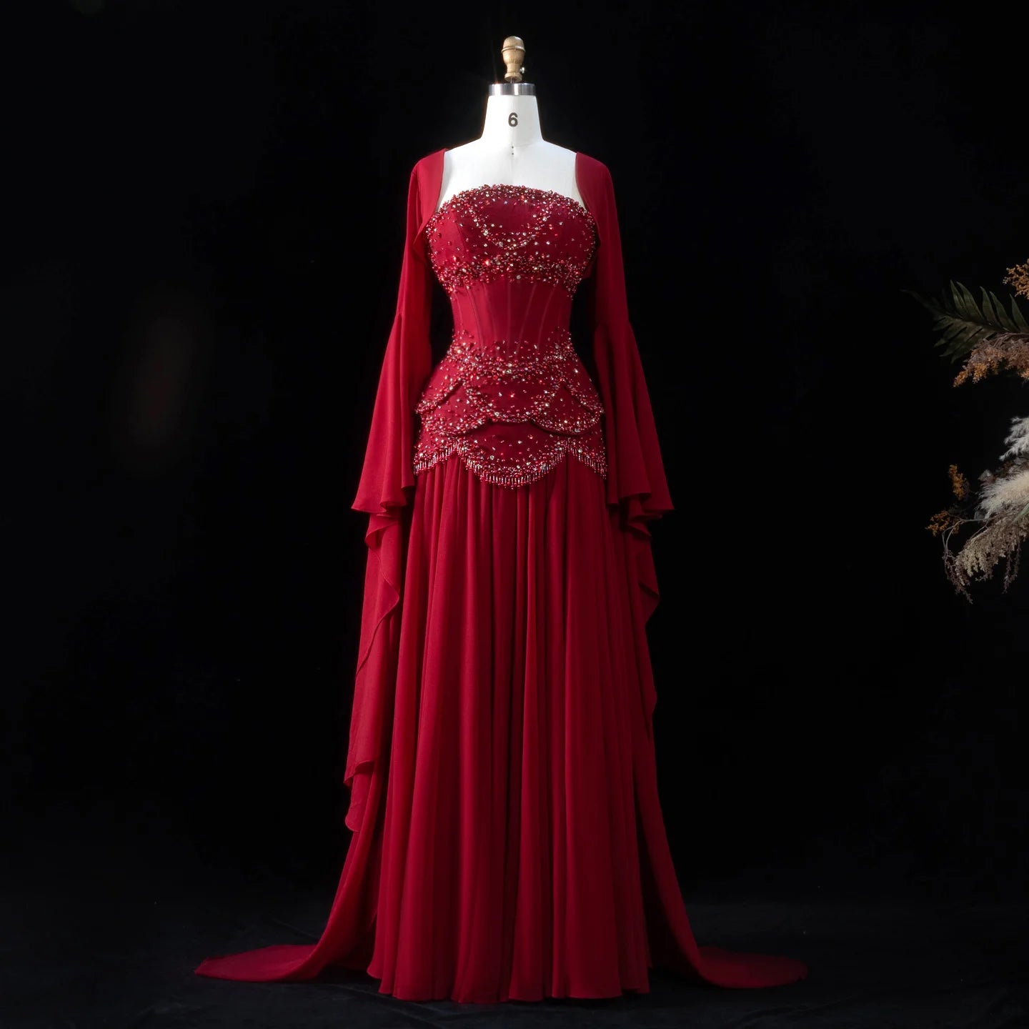 Sharon Said Wine Red & Yellow Chiffon Evening Dress with Flare Sleeve Jacket