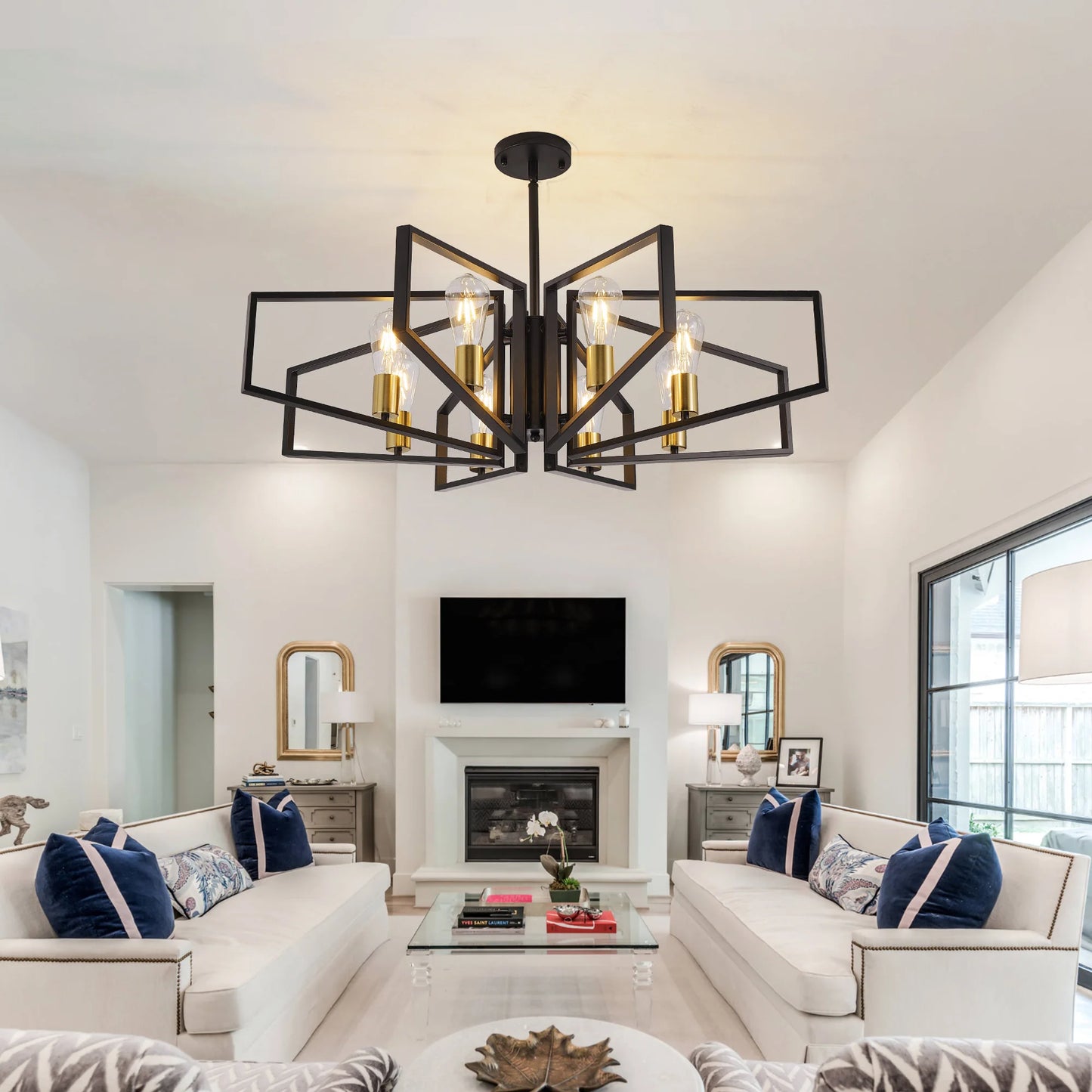 8 Light Geometric Chandelier Metal Pendant Light With Adjustable Height