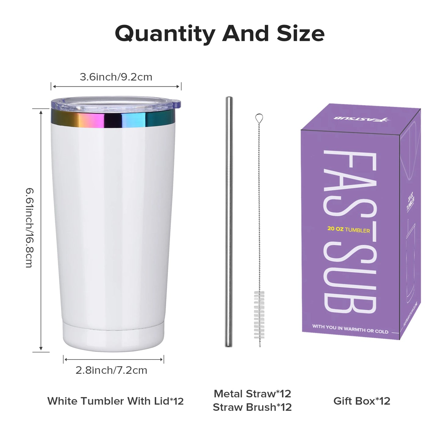 FastsubDrinkware 12 Pack Stainless Steel Tumblers Insulated With Lid