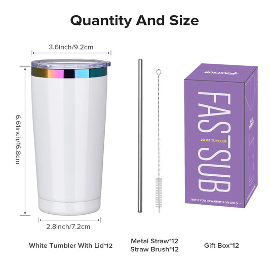 FastsubDrinkware 12 Pack Stainless Steel Tumblers Insulated With Lid