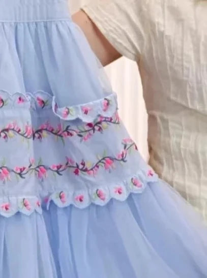 2026 Elegant Kids Blue Floral Embroidery Tulle Princess Gown