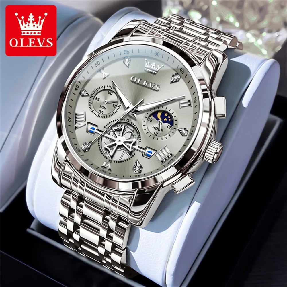 OLEVS Moon Phase Mens Watch Classic Flywheel Waterproof Stainless Steel