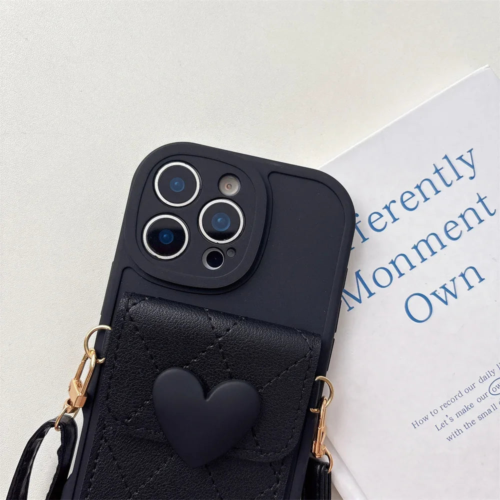 Cute Heart Lanyard Crossbody Card Holder For iPhone Case