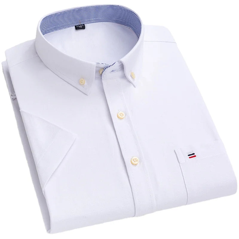 Men's Oxford Short Sleeve Summer Casual Shirts Single Pocket Comfortable Standard-fit Button-down Plaid Striped Cotton Shirt