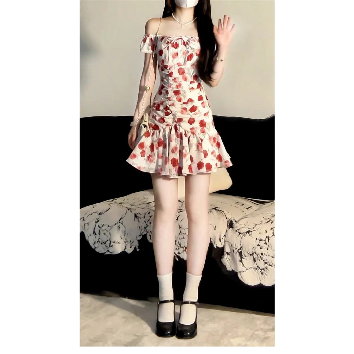 2026 Red Floral One-Shoulder Waist-Cinched Mini Dress Women