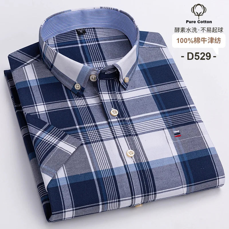 Men's Oxford Short Sleeve Summer Casual Shirts Single Pocket Comfortable Standard-fit Button-down Plaid Striped Cotton Shirt
