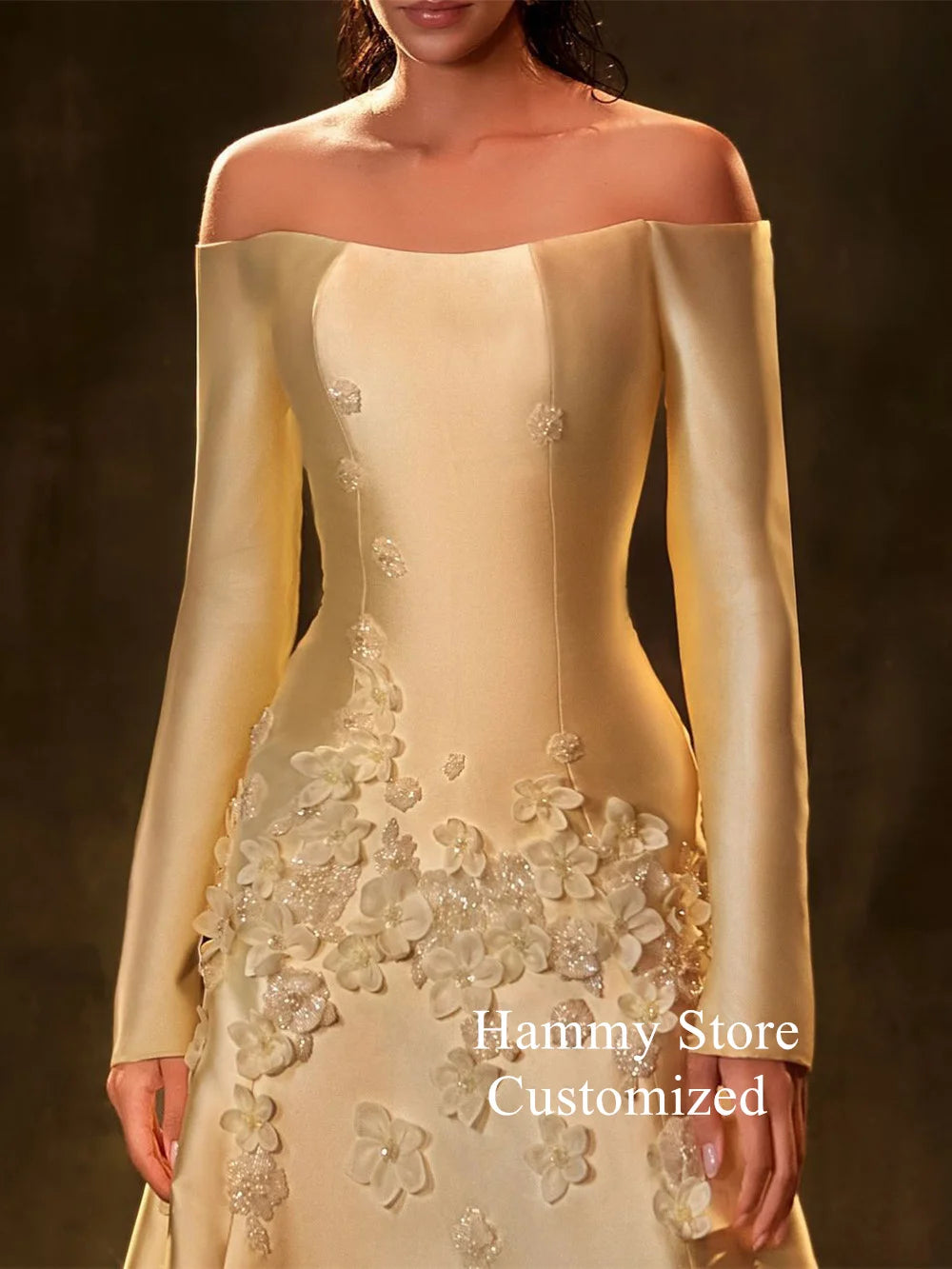 Arabic Yellow Mermaid Evening Gown Long Sleeves Floral Prom Dress