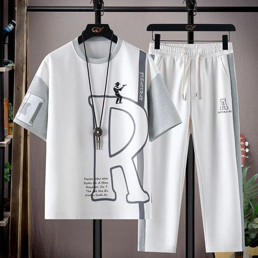 Summer Fashion Trendy Printed Short Sleeve T-Shirt Sports Set Men's Casual Loose Breathable High Quality Plus Size Two-Piece Set