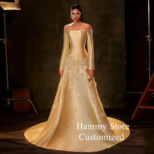 Arabic Yellow Mermaid Evening Gown Long Sleeves Floral Prom Dress