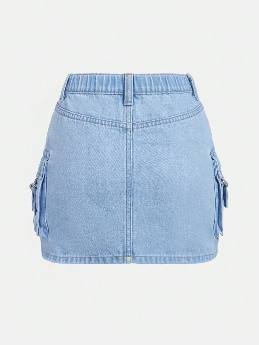 Cargo Pocket Denim Mini Skirt for Teen Girls