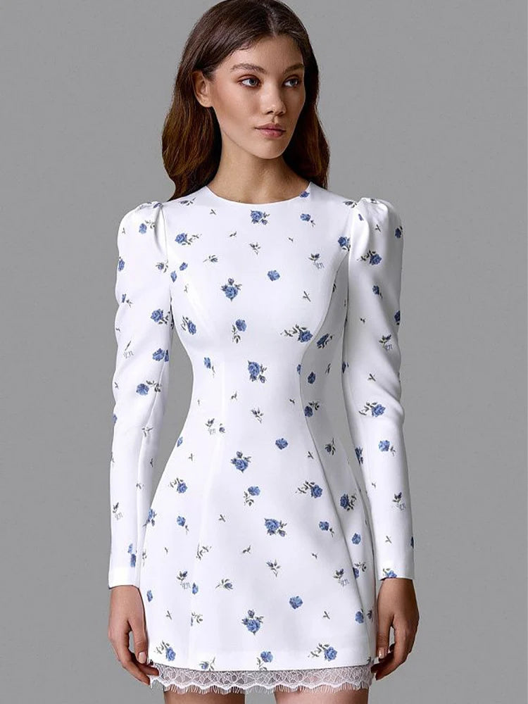 Floral Print Long Sleeve Backless Heart Hollow A-Line Mini Dress Women