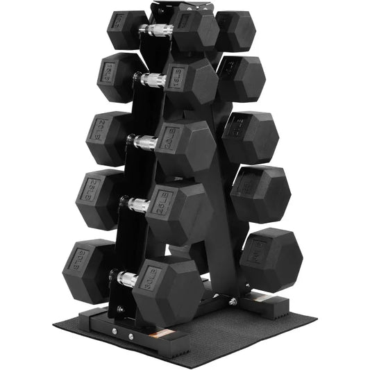 BalanceFrom Rubber Coated Hex Dumbbell Weight Set with Storage Rack, 100LB or 150LB or 200LB Set