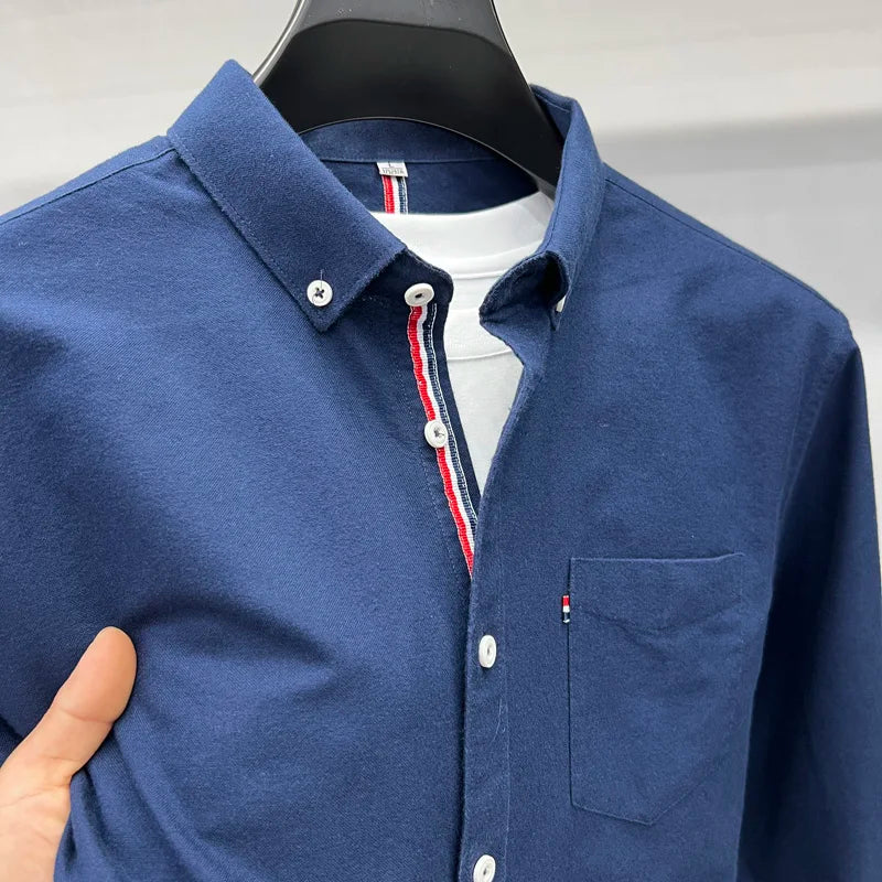 New High End Luxury Men's Shirt Autumn Lapel Pocket Embroidered Long Sleeved Shirt European Fashion Simple Versatile Men's Wear