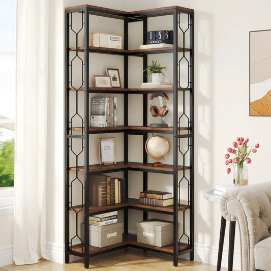 Tribesigns 7 Tier Corner Shelf Industrial Wood And Metal Bookcase