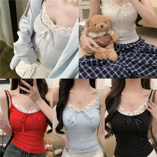 Pure Color Small Strap Vest Women's Inner Lace Base Shirt Spicy Girl Pure Desire  Knot Tube Top Outerwear