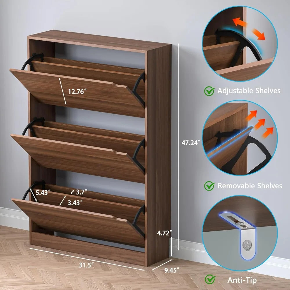 Slim Shoe Cabinet with 3 Flip Drawers, Adjustable Shelves, Freestanding Organizer for Entryway Hallway Closet Storage