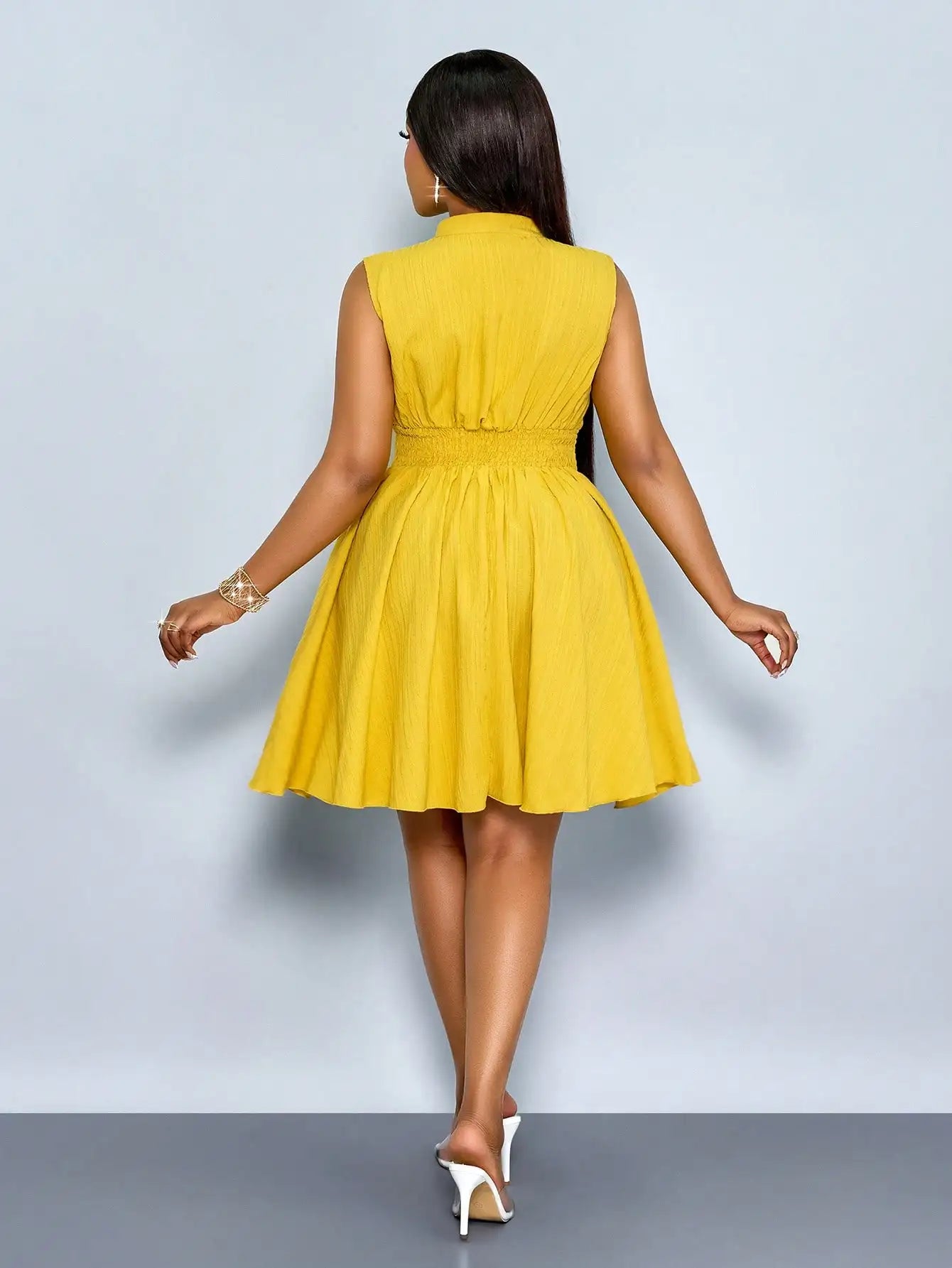 Sleeveless Stand Collar Waist Tie A Line Dress For Women