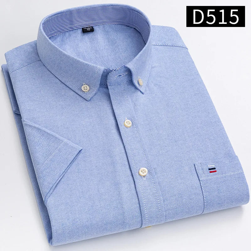 Men's Oxford Short Sleeve Summer Casual Shirts Single Pocket Comfortable Standard-fit Button-down Plaid Striped Cotton Shirt