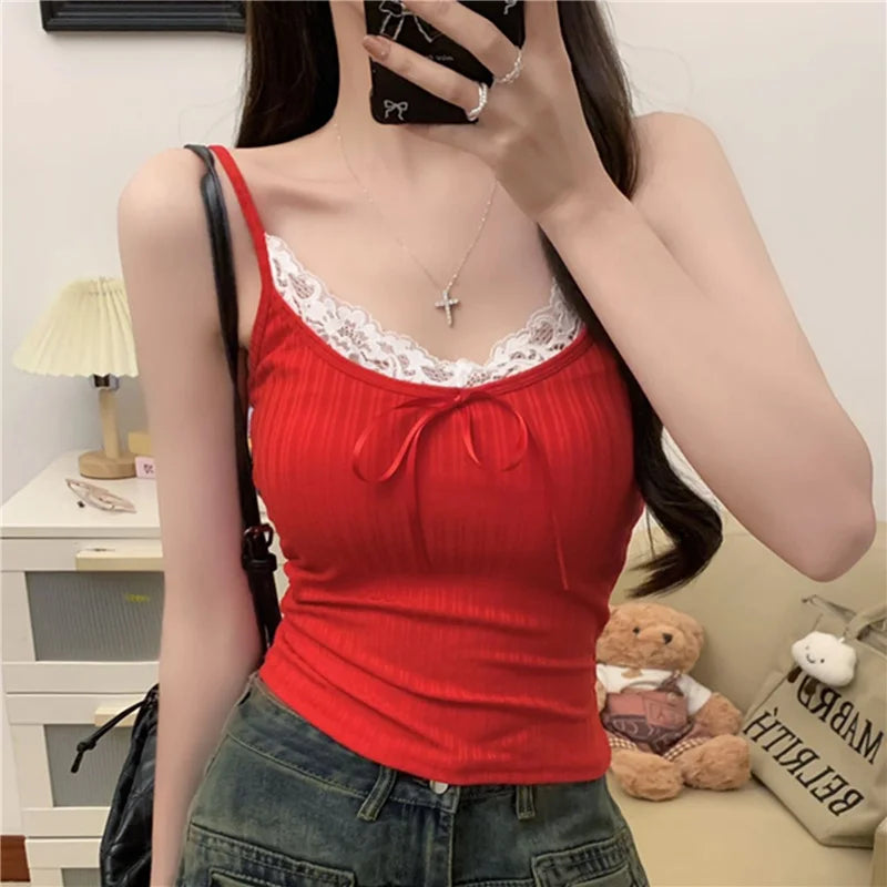 Pure Color Small Strap Vest Women's Inner Lace Base Shirt Spicy Girl Pure Desire  Knot Tube Top Outerwear
