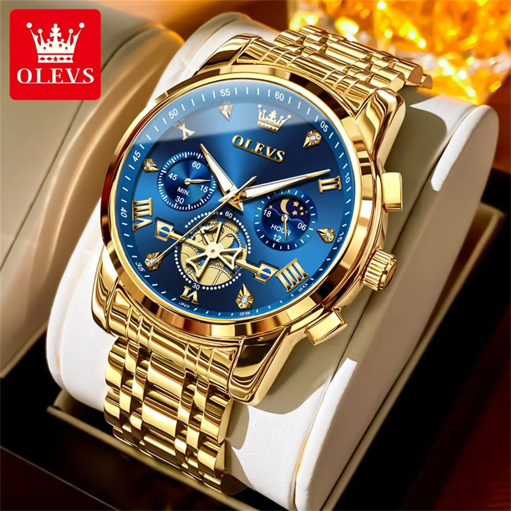 OLEVS Moon Phase Mens Watch Classic Flywheel Waterproof Stainless Steel