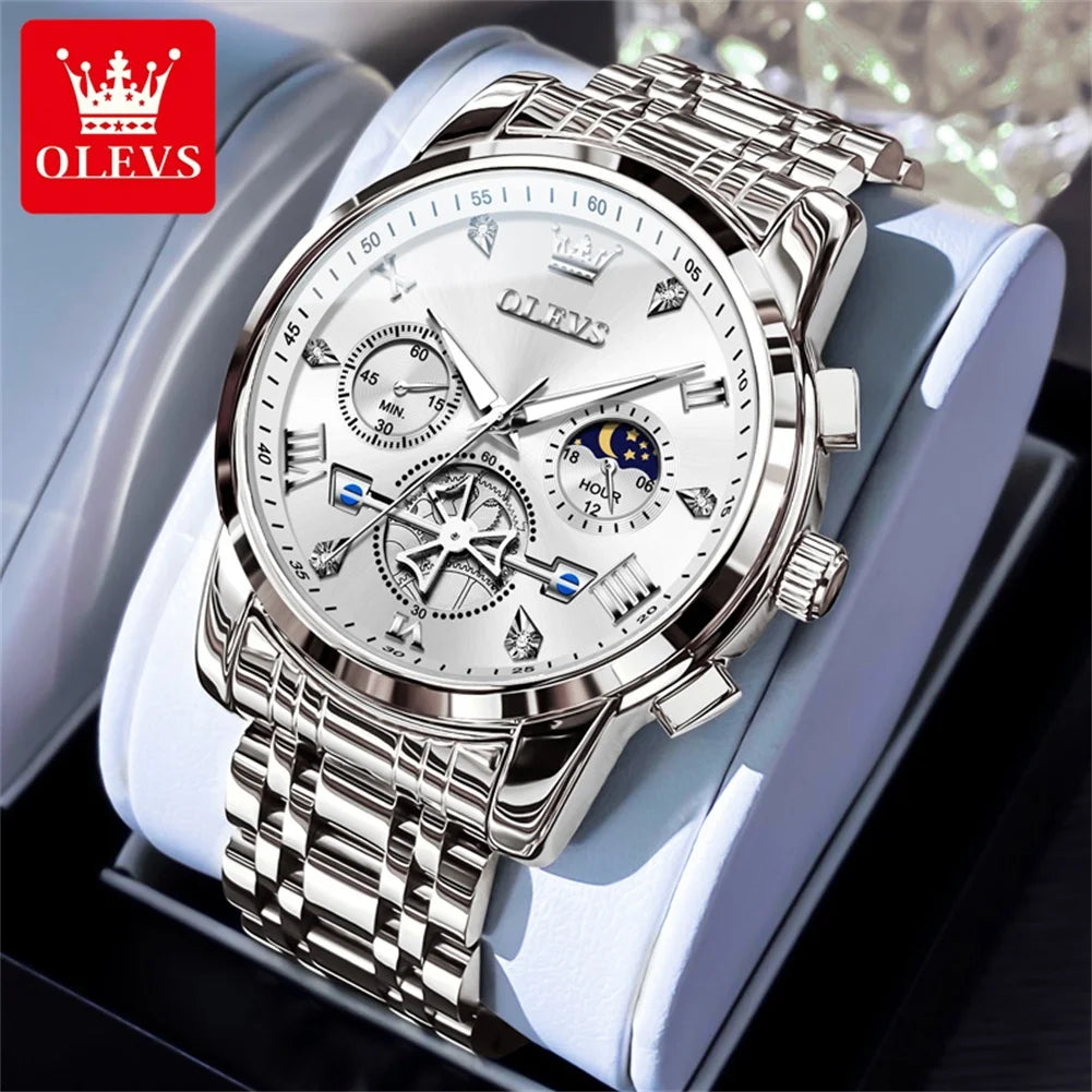 OLEVS Moon Phase Mens Watch Classic Flywheel Waterproof Stainless Steel