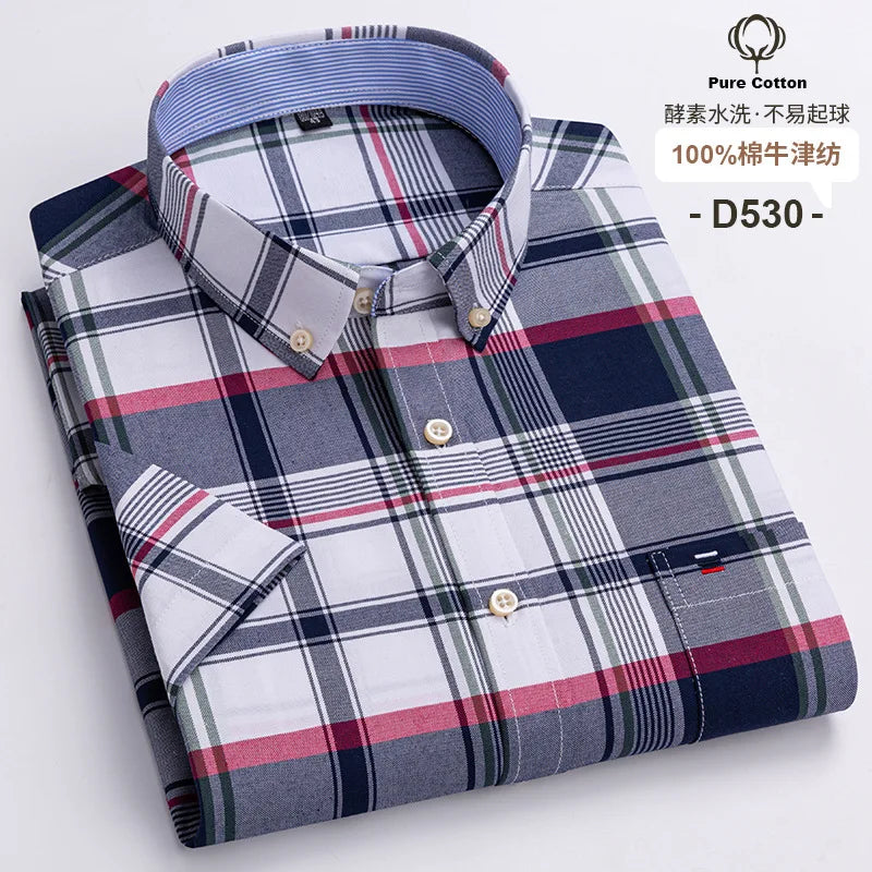 Men's Oxford Short Sleeve Summer Casual Shirts Single Pocket Comfortable Standard-fit Button-down Plaid Striped Cotton Shirt