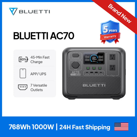 BLUETTI AC70 Portable Power Station | 1000W 768Wh, Generator for Road Trip, Off-grid, Power Outage