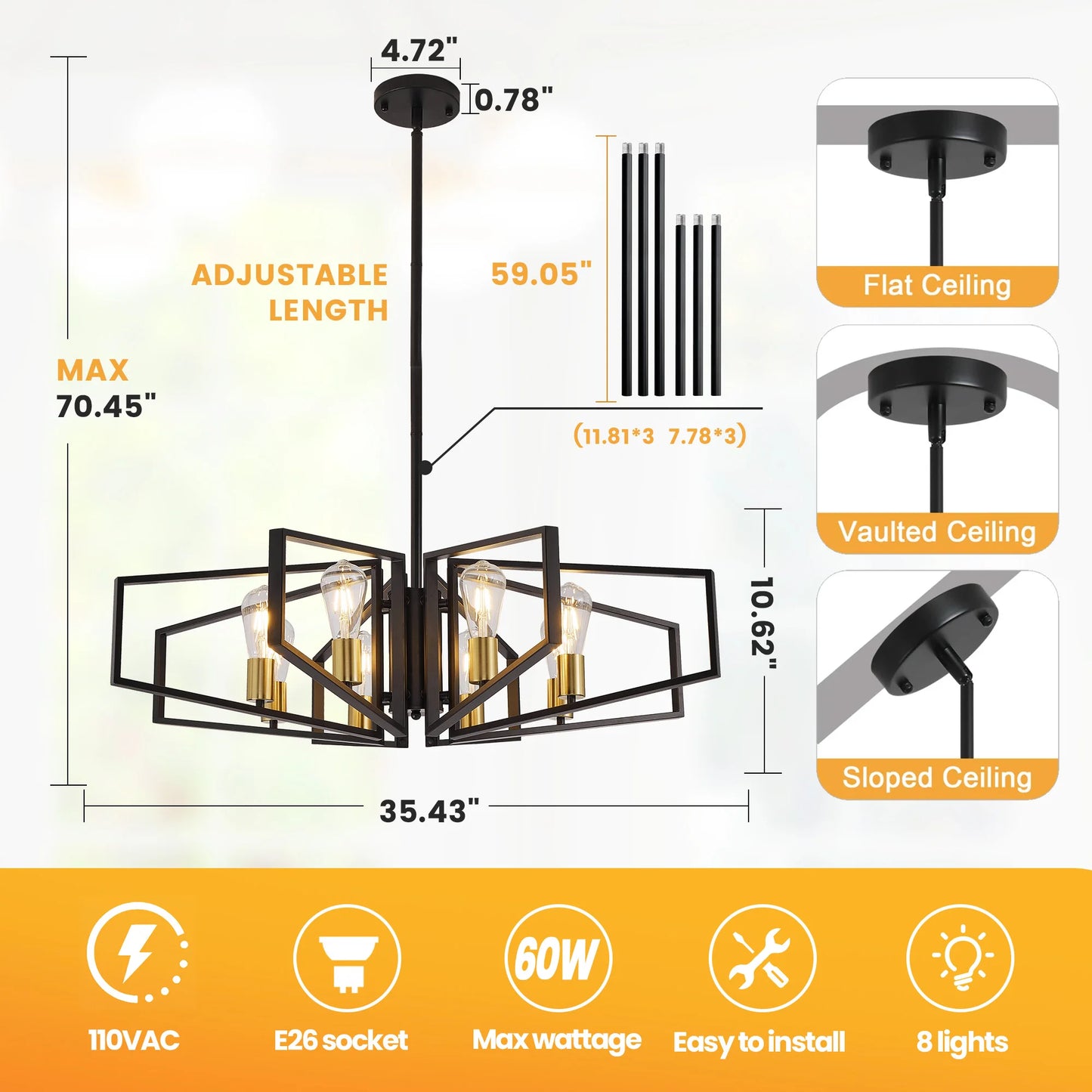 8 Light Geometric Chandelier Metal Pendant Light With Adjustable Height