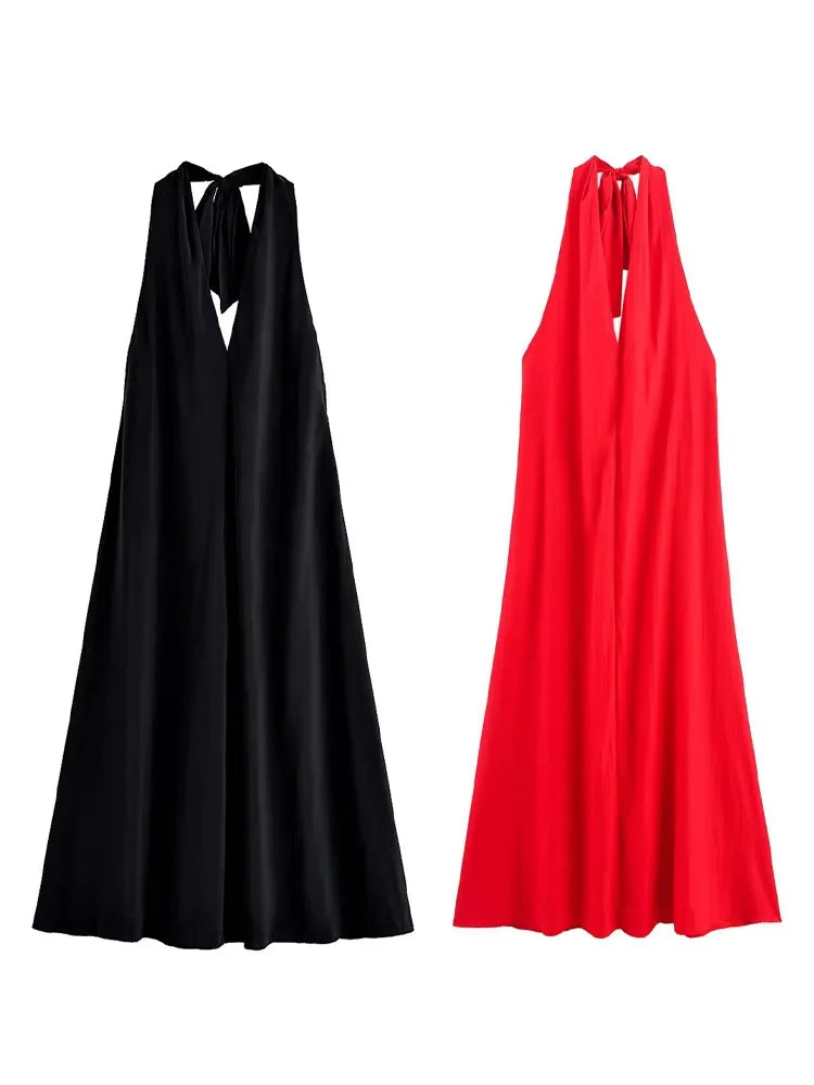 HH Summer Woman Sexy Chic Sling Dresses Women Midi Dress Fashion Sleeveless Backless Pleated Decorate Beach Party Dress