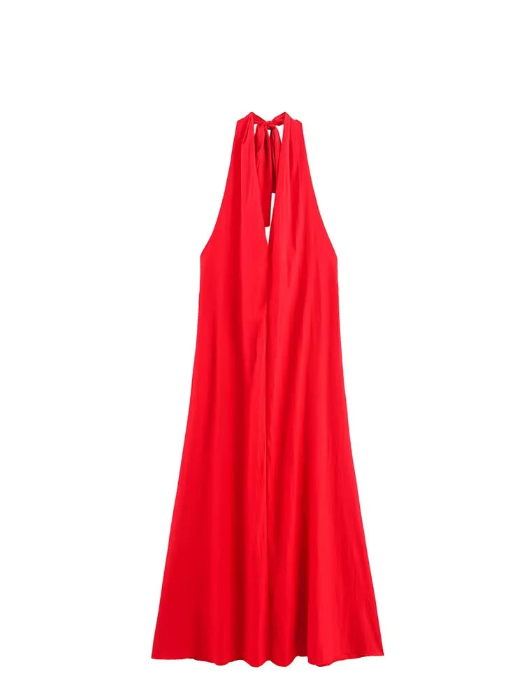 HH Summer Woman Sexy Chic Sling Dresses Women Midi Dress Fashion Sleeveless Backless Pleated Decorate Beach Party Dress
