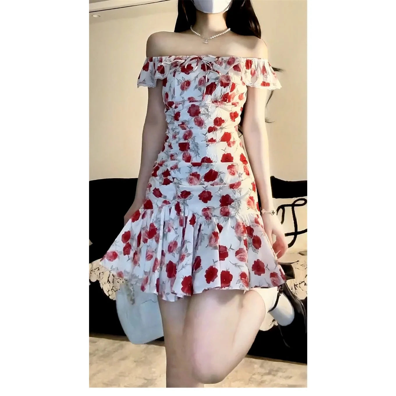 2026 Red Floral One-Shoulder Waist-Cinched Mini Dress Women
