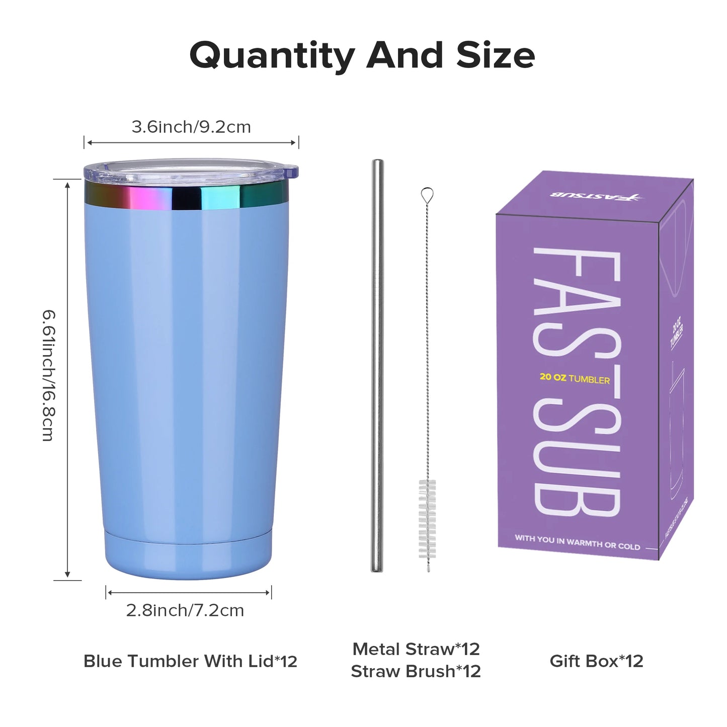 FastsubDrinkware 12 Pack Stainless Steel Tumblers Insulated With Lid