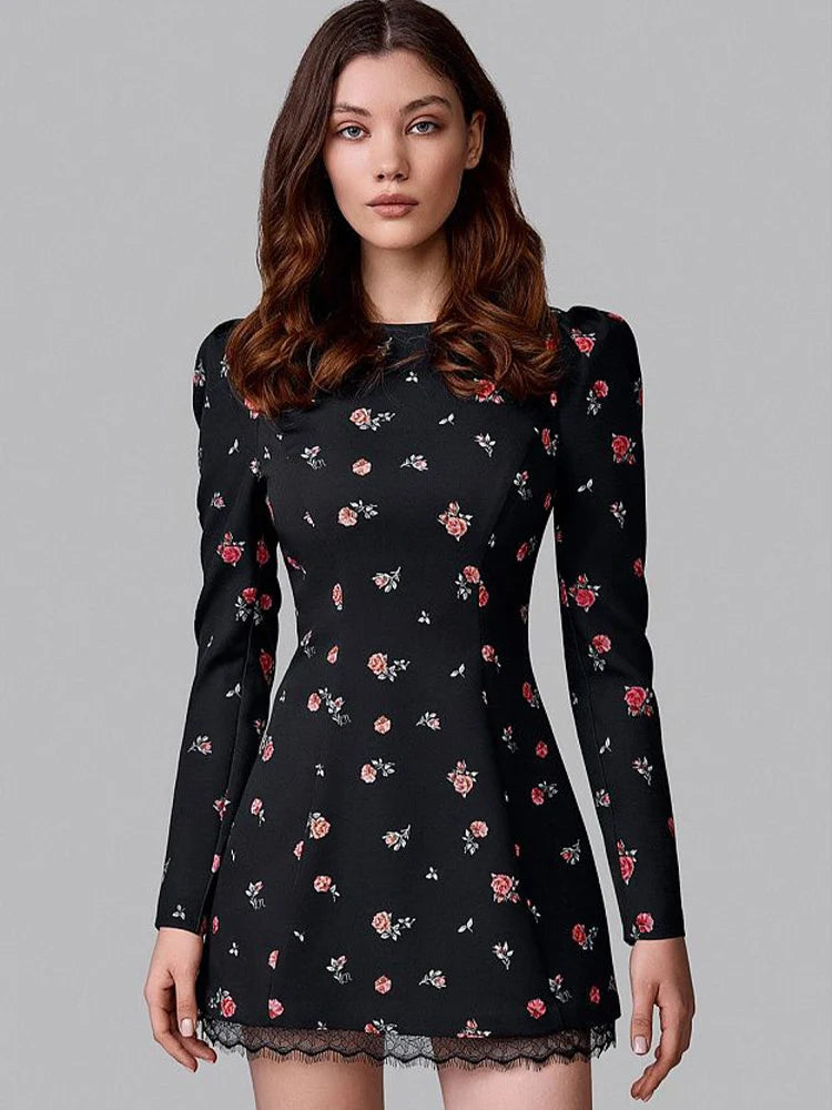 Floral Print Long Sleeve Backless Heart Hollow A-Line Mini Dress Women