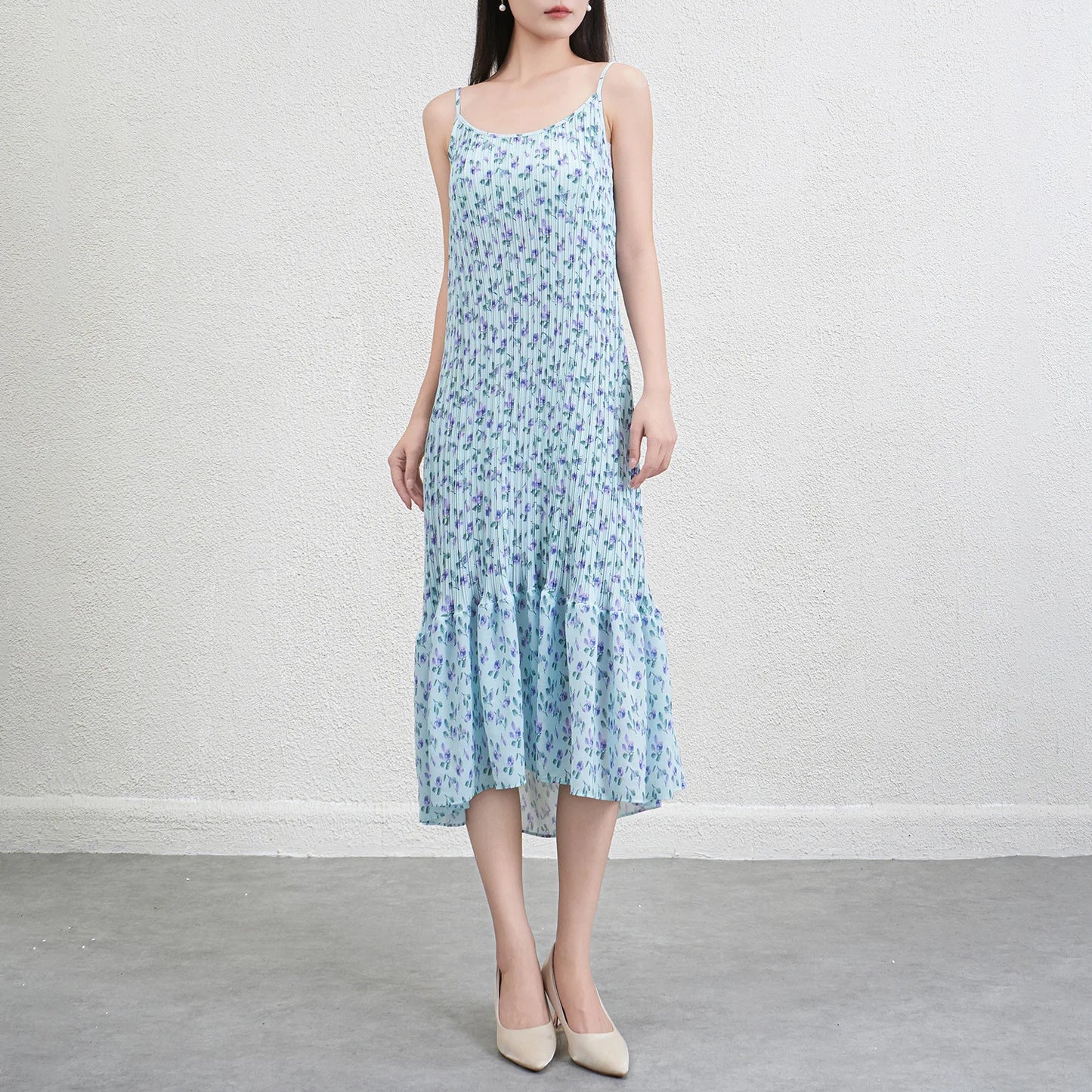 2026 Blue Floral Print Pleated Sundress Women Beach Vacation
