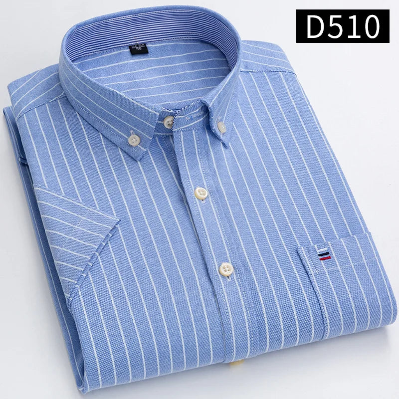 Men's Oxford Short Sleeve Summer Casual Shirts Single Pocket Comfortable Standard-fit Button-down Plaid Striped Cotton Shirt