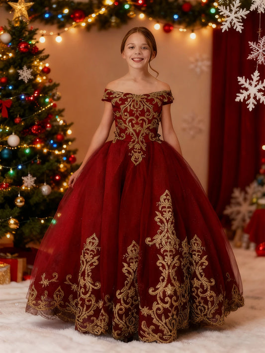 Autumn Winter Flower Girl Princess Fluffy Ball Gown Christmas Dress