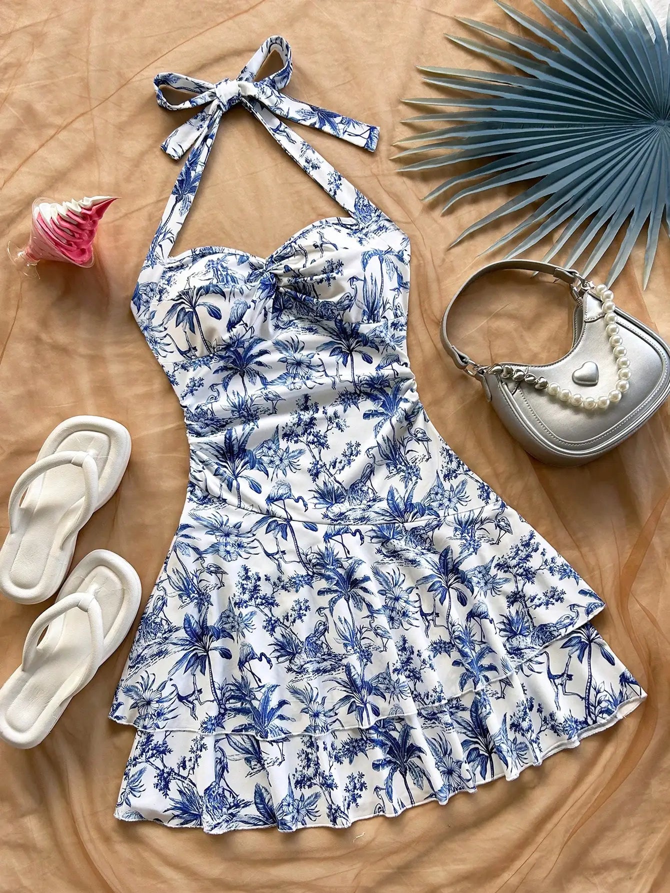 Halter Mini Dress Blue White Floral Print Palm Tree Bohemian Beach Summer Dress