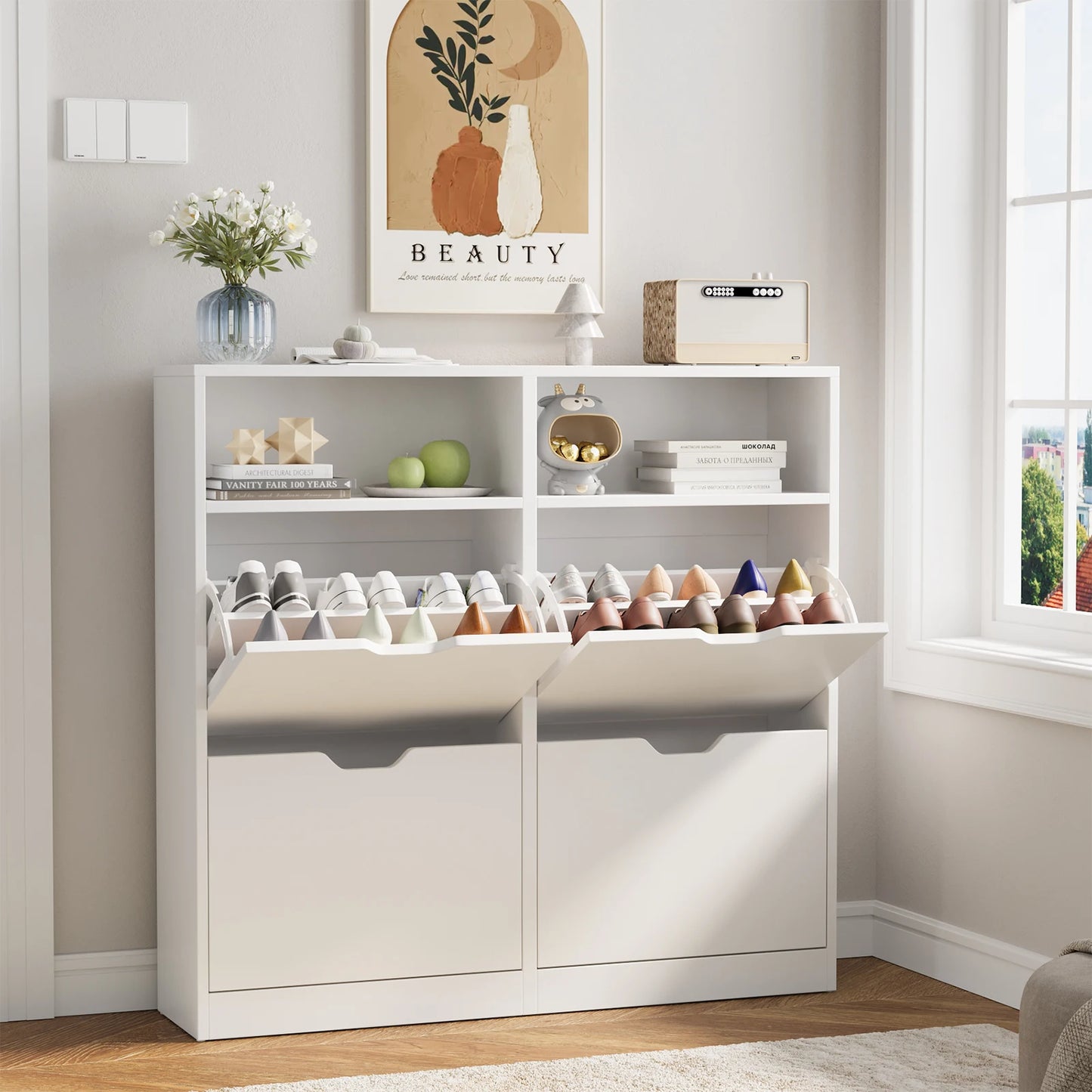 VOWNER Shoe Storage Cabinet with 4 Flip Drawers, Freestanding Shoe Cabinet