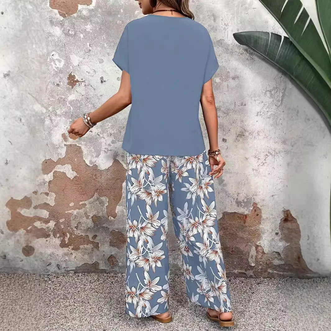 Summer Casual 2 Piece Set Women Outfit 2025 Fashion Loose Pullover Print Round Neck T-shirts And Trousers Pant Sets Suits