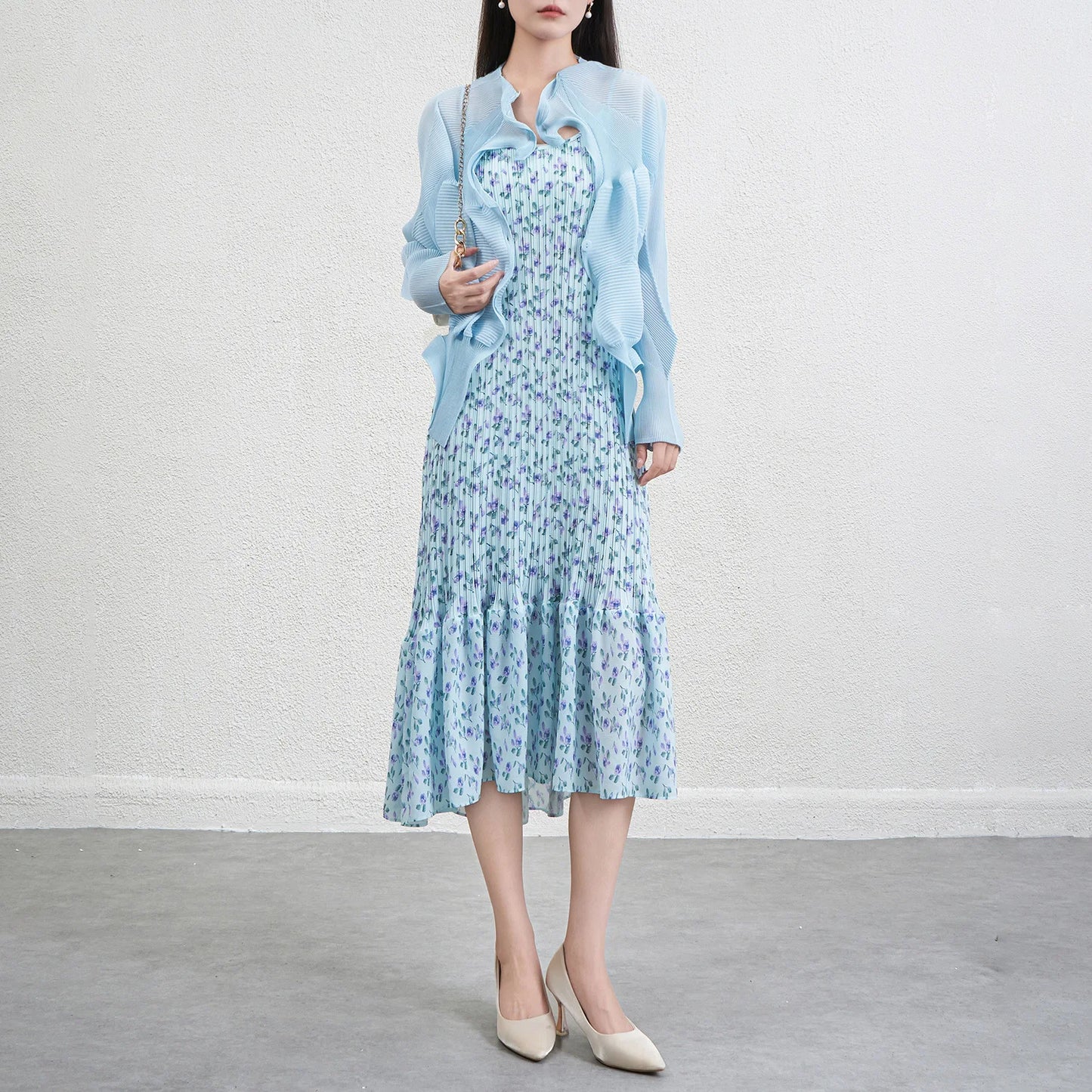 2026 Blue Floral Print Pleated Sundress Women Beach Vacation