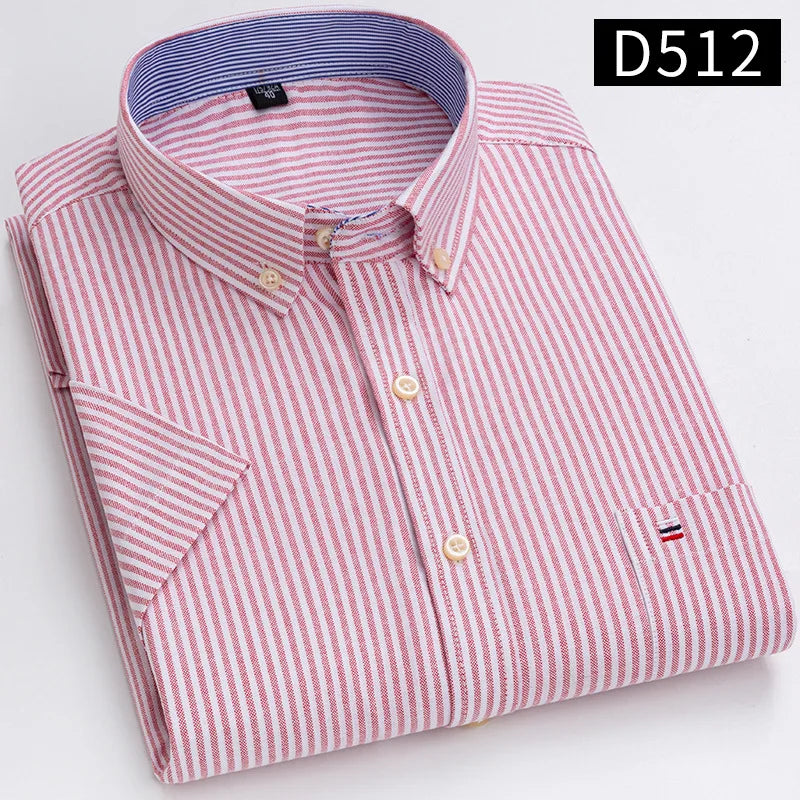 Men's Oxford Short Sleeve Summer Casual Shirts Single Pocket Comfortable Standard-fit Button-down Plaid Striped Cotton Shirt