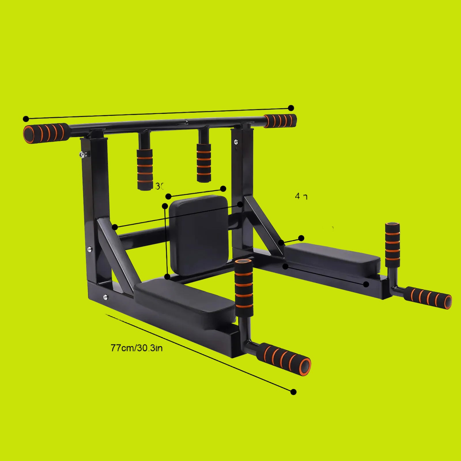 Gym machine with dimensions labeled on a white background