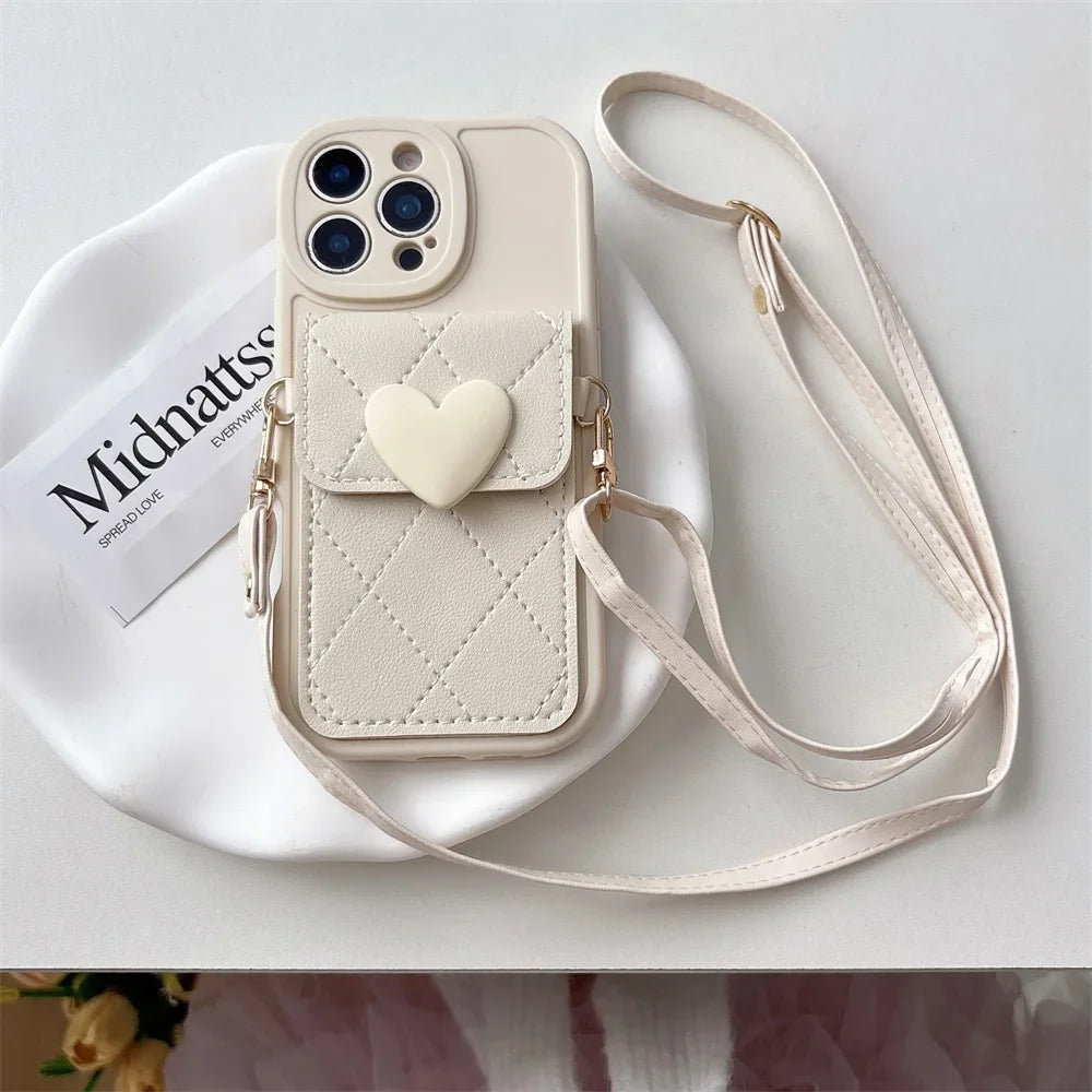 Cute Heart Lanyard Crossbody Card Holder For iPhone Case