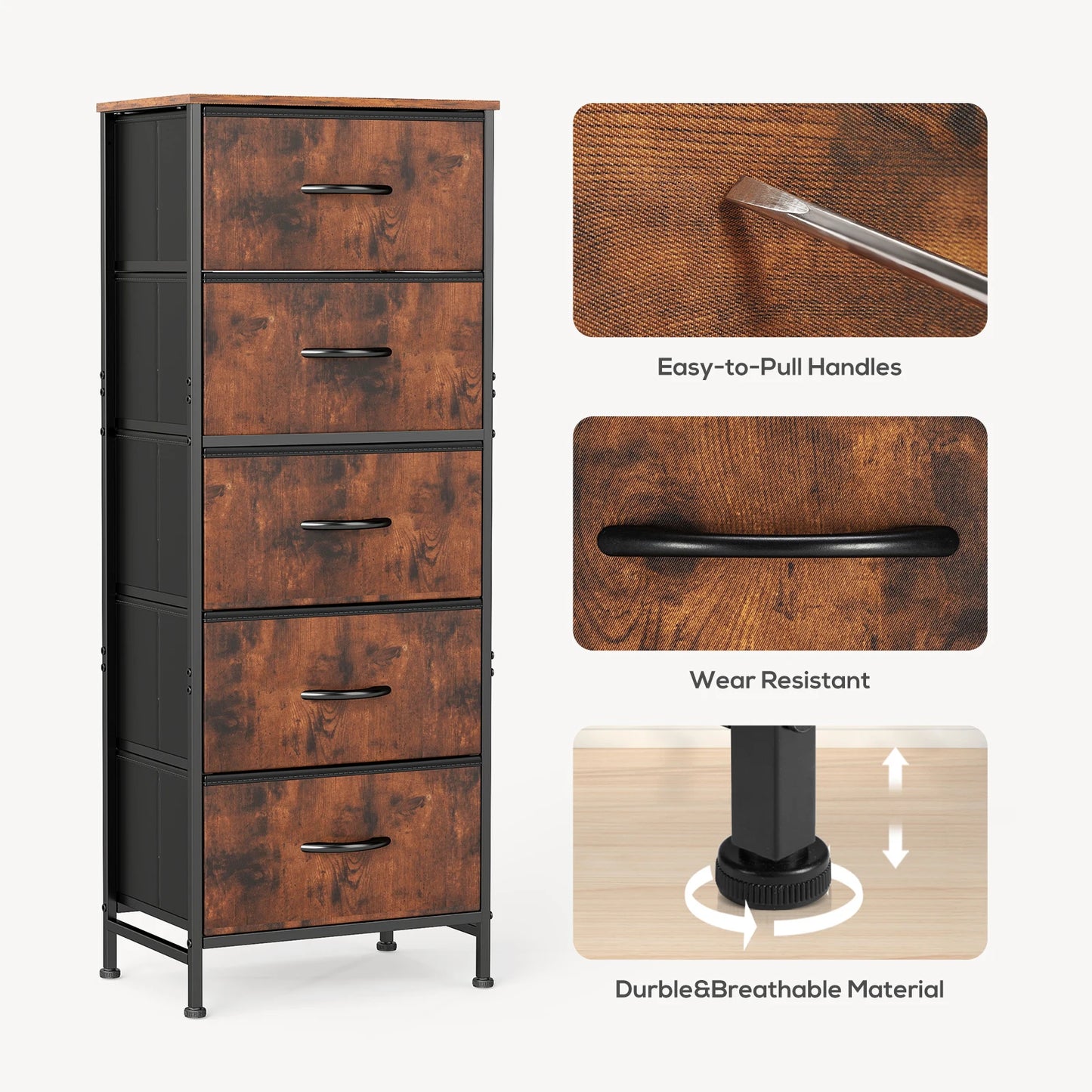 JHK Modern Morocco Dresser With Five Fabric Drawers And Steel Frame