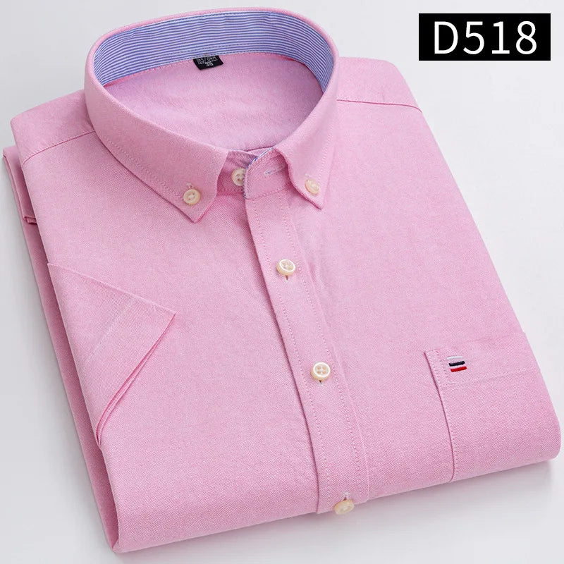 Men's Oxford Short Sleeve Summer Casual Shirts Single Pocket Comfortable Standard-fit Button-down Plaid Striped Cotton Shirt