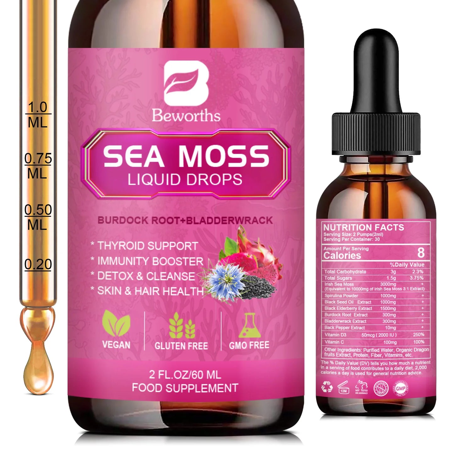 Beworths 3000mg Seamoss Organic Liquid Drops With Black Seed Oil