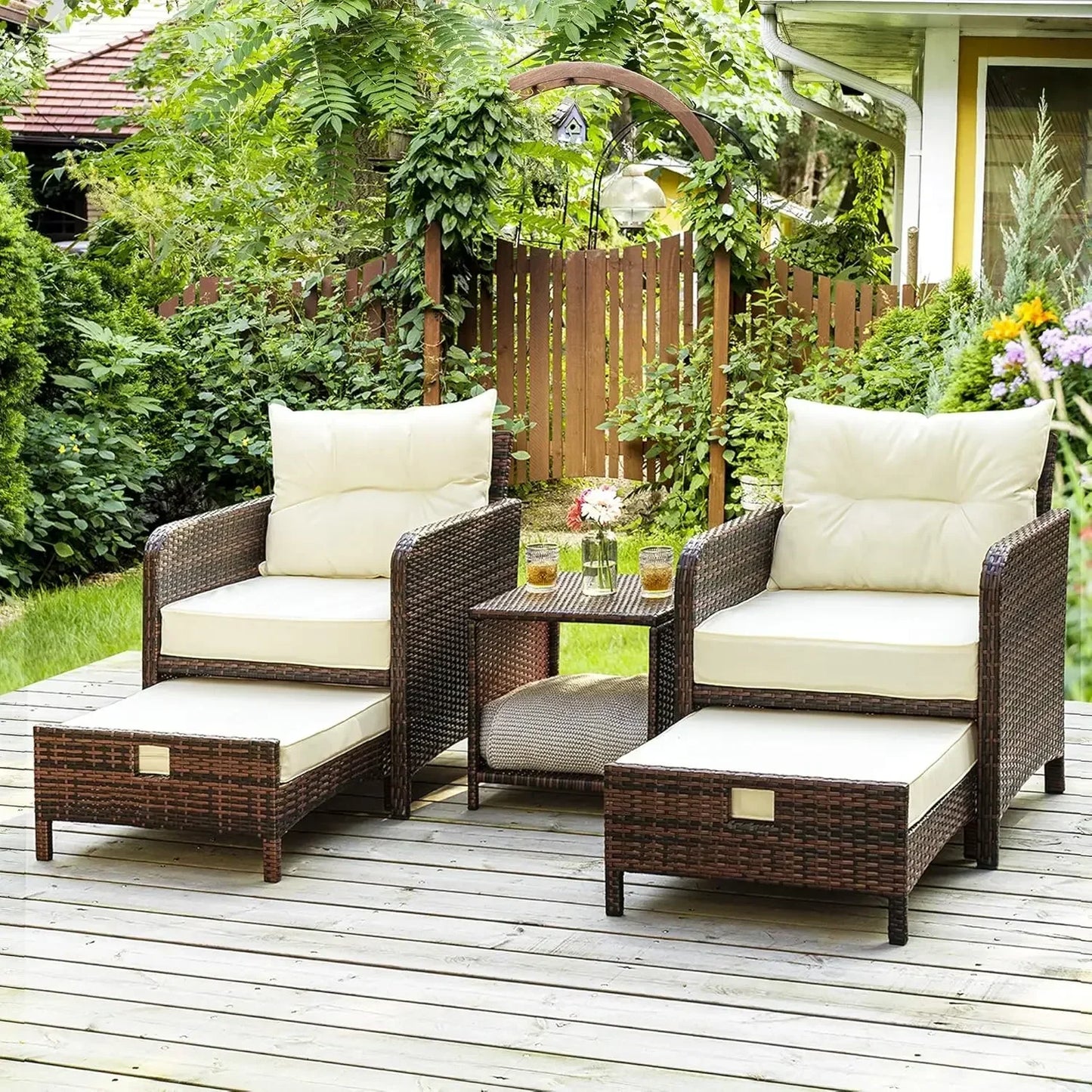 Wicker Patio Furniture Set 5 Pieces With Ottomans Coffee Table