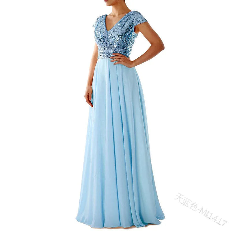 2026 summer new dress V-neck sequined chiffon splicing evening dress dress