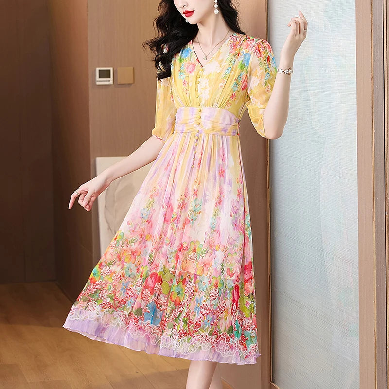 Summer Floral Silk Beach Midi Sundress Women Boho Fashion Casual Light Dress 2025 Spring Korean Elegant Luxury Festival Vestidos